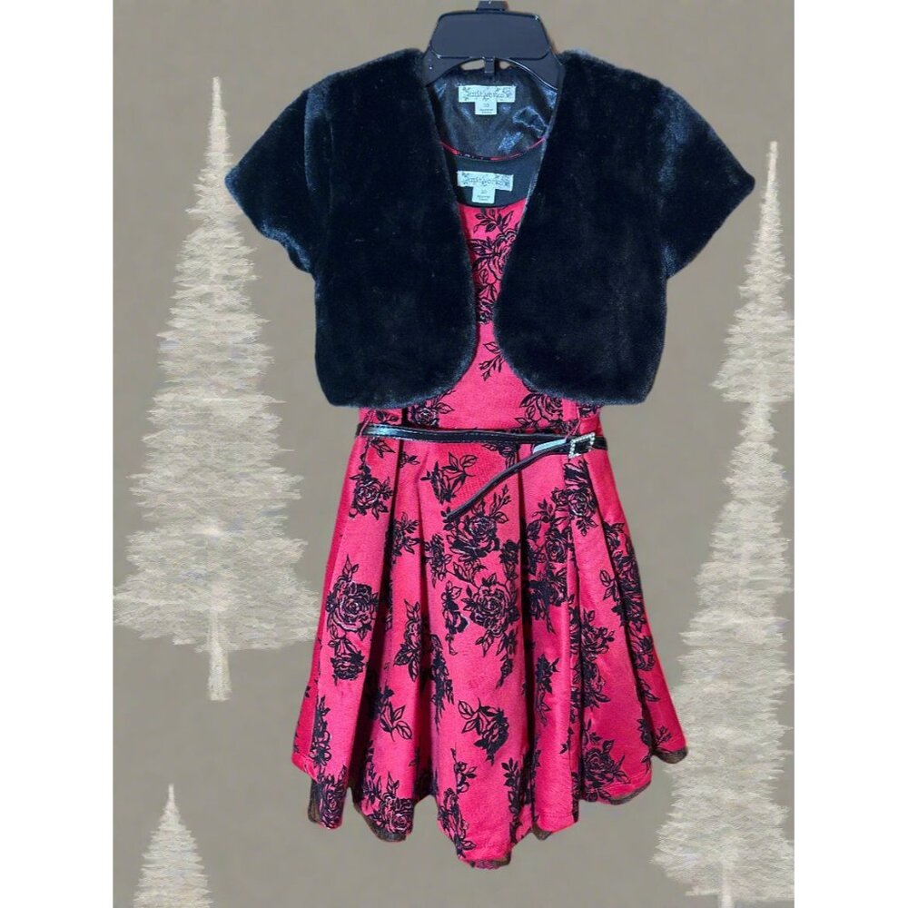 Knit Works Fancy Red Dress‎ with Velvet Roses and Faux Fur Shrug